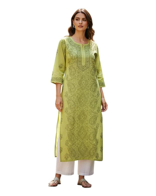 JuhiNova Women's Lime Green Floral Printed Straight Kurta
