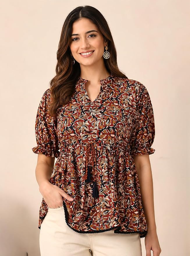 JuhiNova Women's Cotton Printed Tunic Top | Square Neck Full Sleeve Casual Western Top | Trendy Longline Printed Top for Women | Stylish e