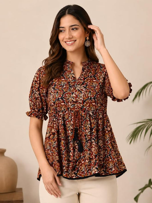 JuhiNova Women's Cotton Printed Tunic Top | Square Neck Full Sleeve Casual Western Top | Trendy Longline Printed Top for Women | Stylish e