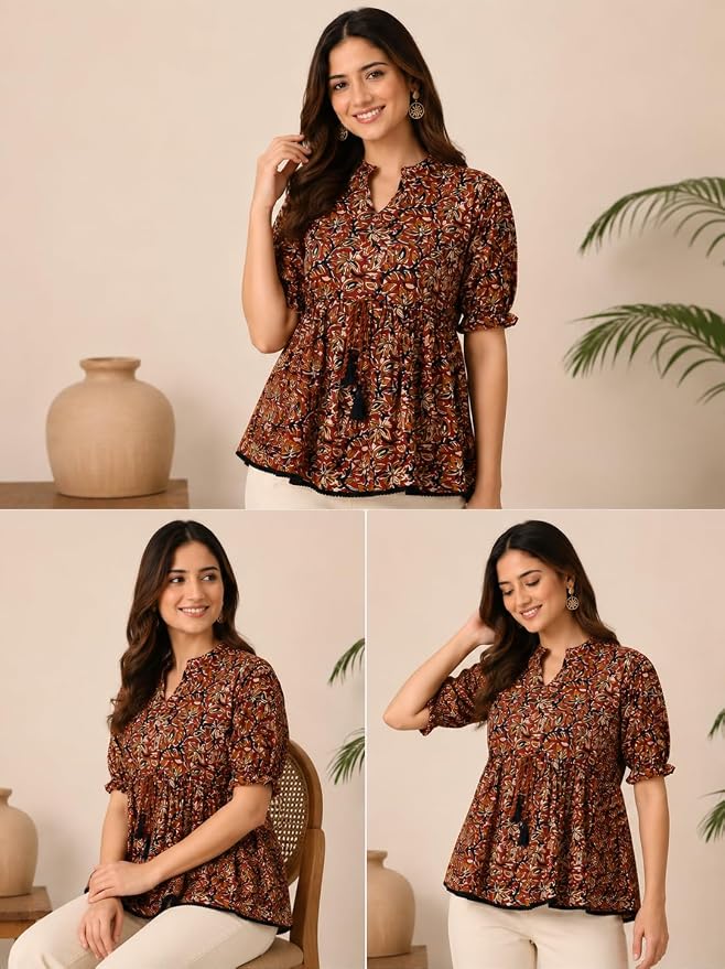 JuhiNova Women's Cotton Printed Tunic Top | Square Neck Full Sleeve Casual Western Top | Trendy Longline Printed Top for Women | Stylish e