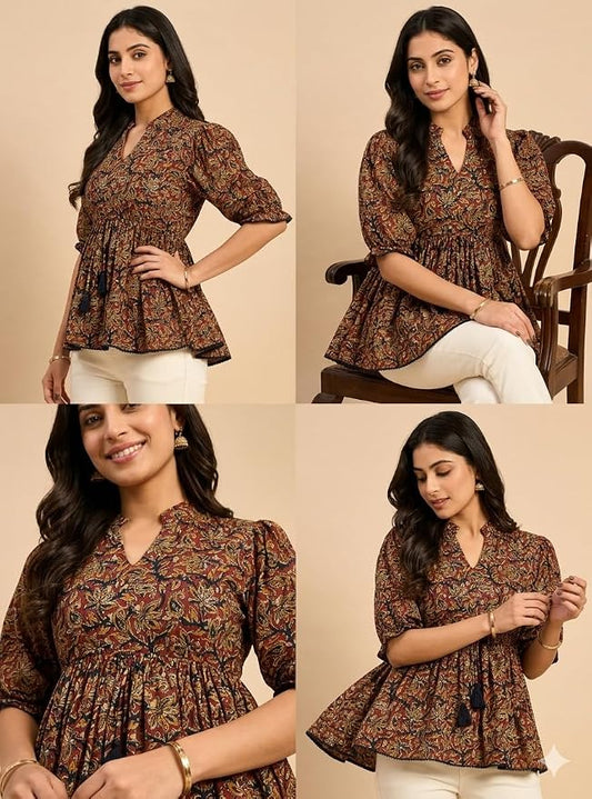 JuhiNova Women's Cotton Printed Tunic Top | Square Neck Full Sleeve Casual Western Top | Trendy Longline Printed Top for Women | Stylish e