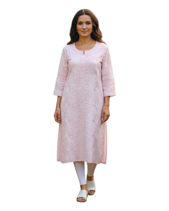 JuhiNova Women Cotton teri voil Hand Embroidered Chikankari Kurta Lemon Yellow