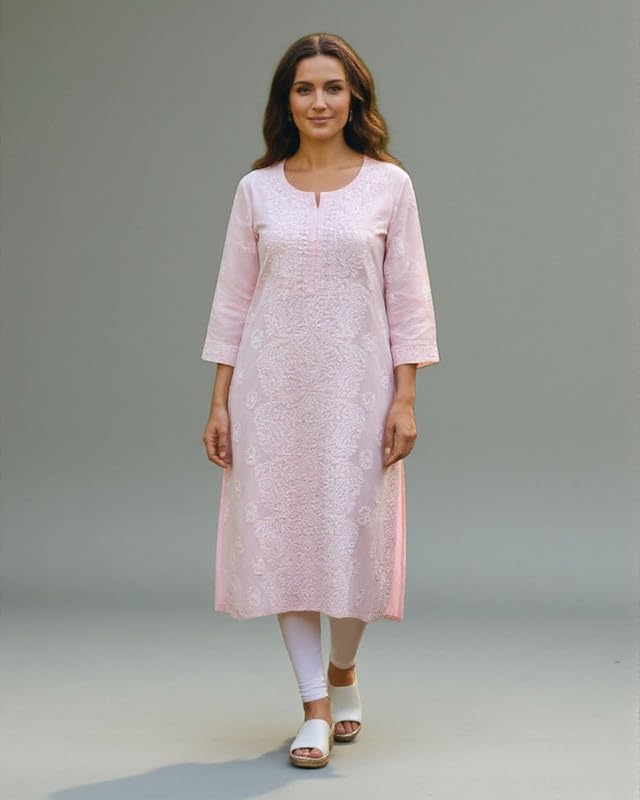 JuhiNova Women Cotton teri voil Hand Embroidered Chikankari Kurta Lemon Yellow
