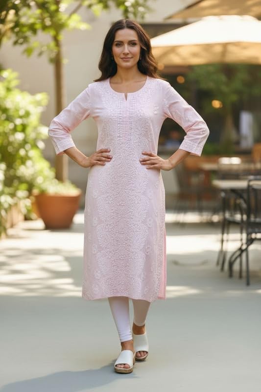 JuhiNova Women Cotton teri voil Hand Embroidered Chikankari Kurta Lemon Yellow
