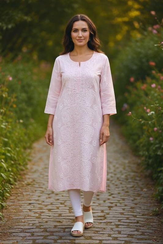 JuhiNova Women Cotton teri voil Hand Embroidered Chikankari Kurta Lemon Yellow