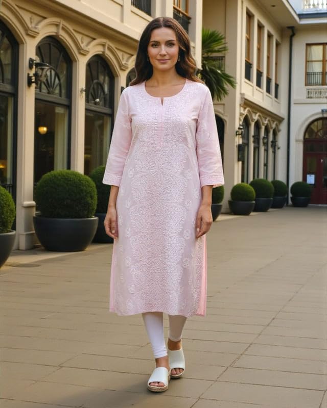 JuhiNova Women Cotton teri voil Hand Embroidered Chikankari Kurta Lemon Yellow