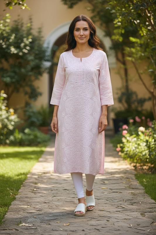 JuhiNova Women Cotton teri voil Hand Embroidered Chikankari Kurta Lemon Yellow