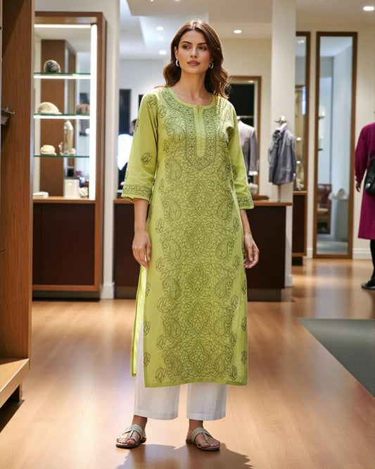 JuhiNova Women's Lime Green Floral Printed Straight Kurta