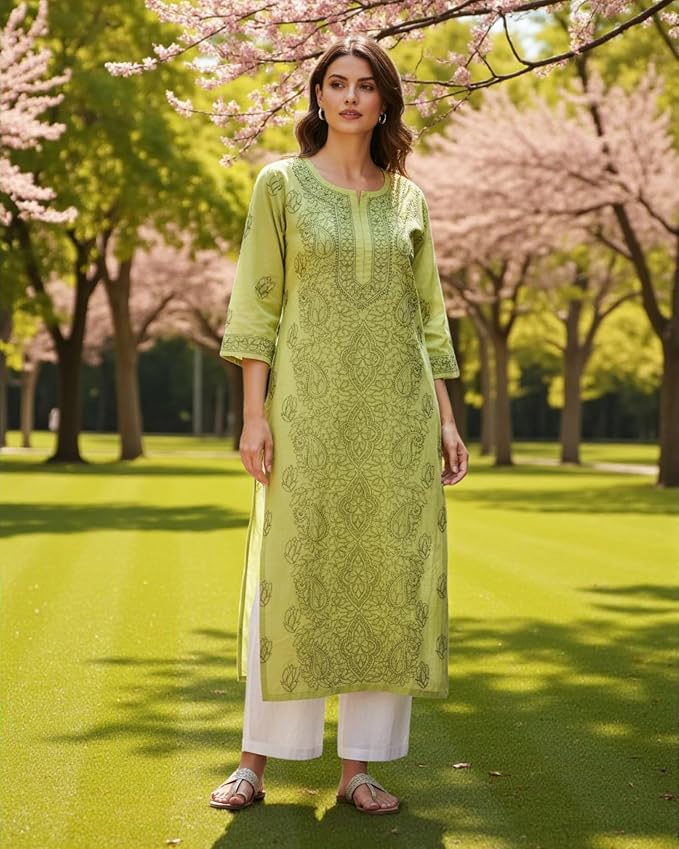 JuhiNova Women's Lime Green Floral Printed Straight Kurta