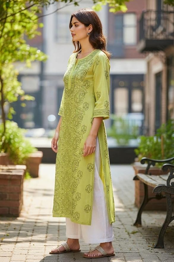 JuhiNova Women's Lime Green Floral Printed Straight Kurta