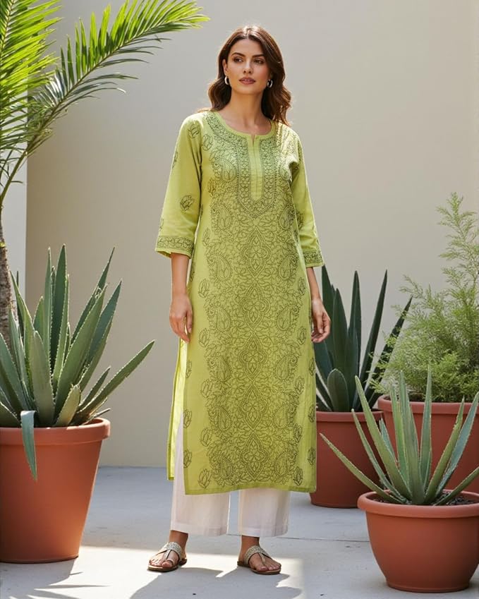 JuhiNova Women's Lime Green Floral Printed Straight Kurta