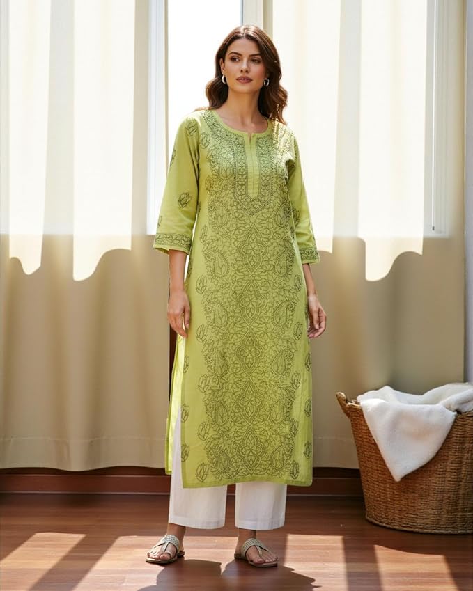 JuhiNova Women's Lime Green Floral Printed Straight Kurta