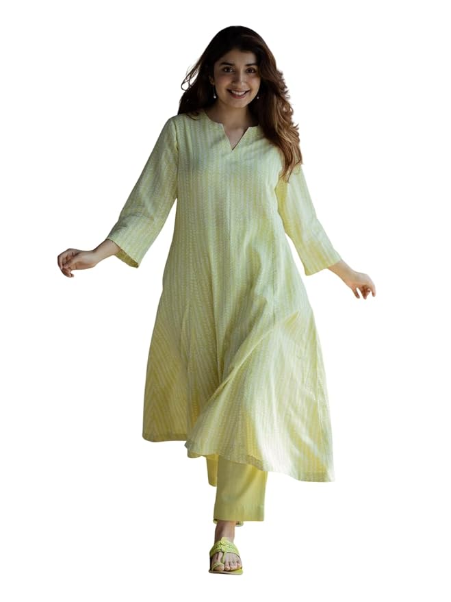 JuhiNova Premium Women's Lime Green Printed Anarkali Kurta Set Stylish & Comfortable | Ideal for Casual Outings, Parties, Festivals & Special Occassions