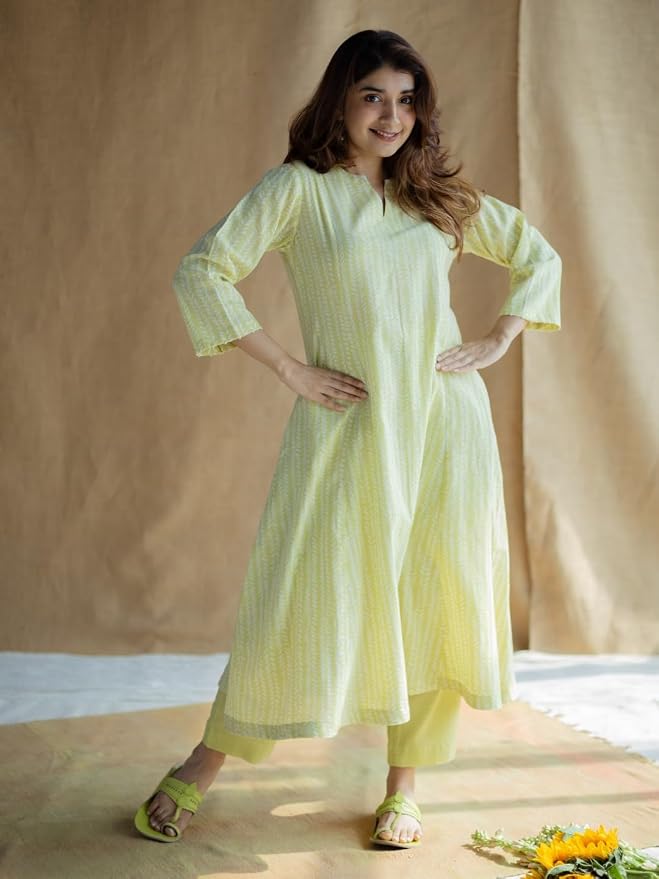 JuhiNova Premium Women's Lime Green Printed Anarkali Kurta Set Stylish & Comfortable | Ideal for Casual Outings, Parties, Festivals & Special Occassions