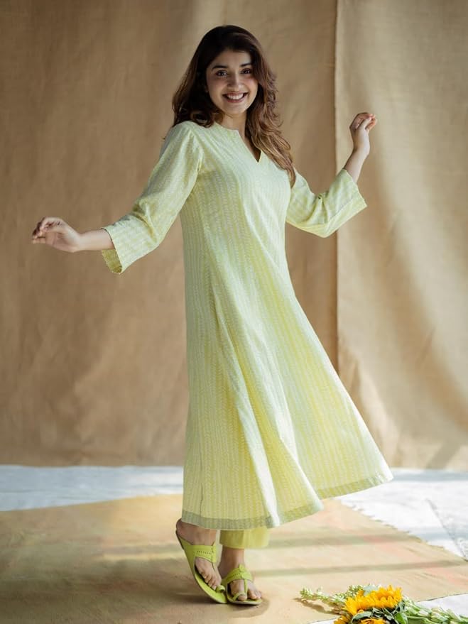 JuhiNova Premium Women's Lime Green Printed Anarkali Kurta Set Stylish & Comfortable | Ideal for Casual Outings, Parties, Festivals & Special Occassions