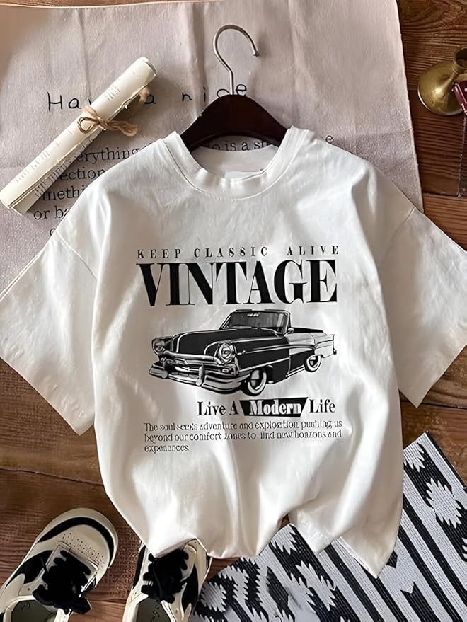 Cotton Blend Oversized Fit Half Sleeve Printed Round Neck T-Shirt for Women | Aesthetic Summer Wear